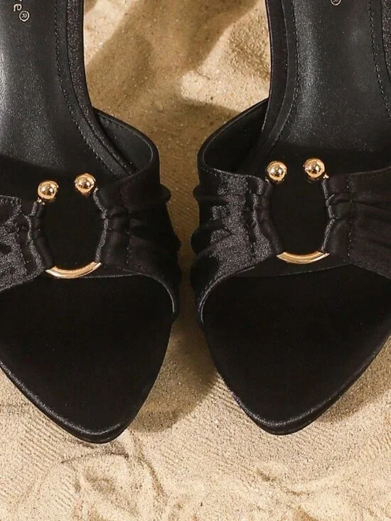 Black Elegant Women's Satin Metal detail Open Toe Slippers High Heel Sandals - Picture 6 of 7